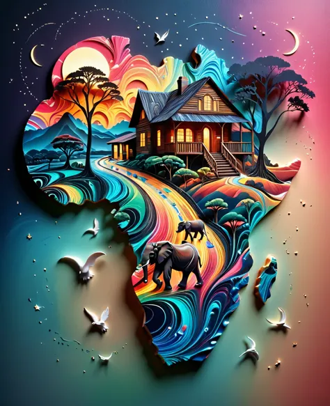 Paper cut art (((masterpiece))),best quality, illustration, African map, within African map we see a night sky, cloud, banana pl...