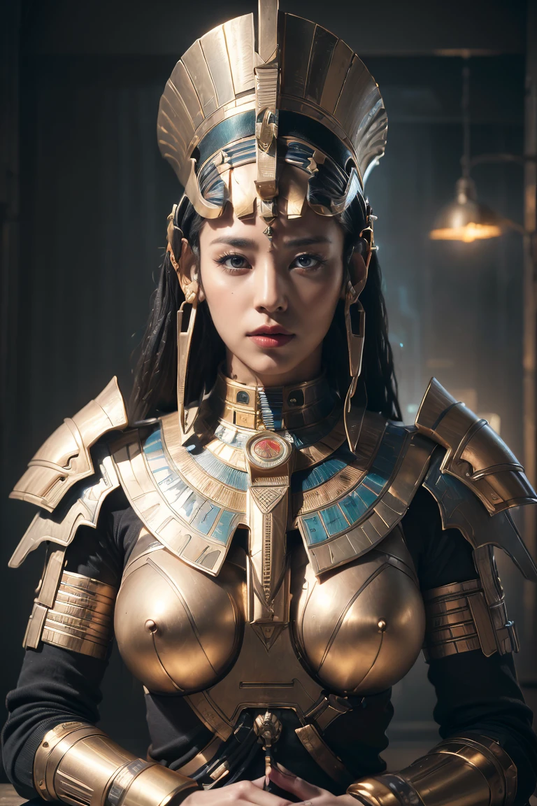 ((Highest quality、8K、masterpiece:1.3))、Photorealistic, Sharp focus, high resolution, High resolution, Portraiture, One person, woman, beautiful woman, sexy、Action pose、Ancient Egypt、Cyber Battlesuit、Complex technology, pyramid、Ancient Egypt都市、Light and shadow、Laser light、Copper-colored hair