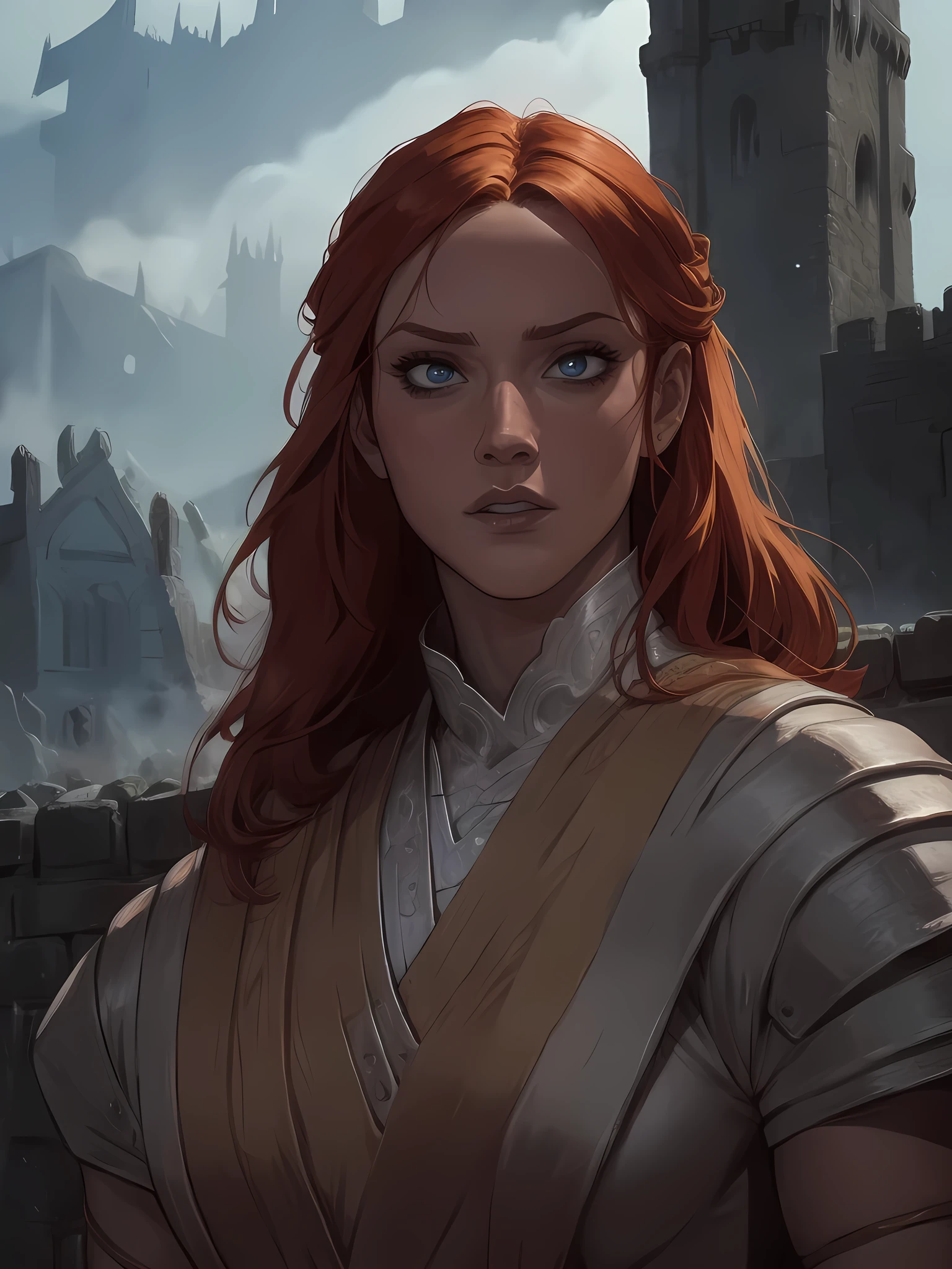 solo, 1girl, ((Becky Lynch)), dressed as medieval RPG NPC, dramatic pose, intense expression, glowing eyes, fangs, ruined castle background,| (8k, RAW photo, best quality, masterpiece:1.2), ultra-detailed, (high detailed skin:1.2), 8k uhd, dslr, soft lighting, high quality, ((upper body:1)), (centered:1.2), ((LOOKING at the VIEWER)), asura, film grain, highly detailed shading, ((perfect_hands):1), Goodhands-beta2, Detailed eyes, perfect face, perfect eyes, Detailed face, ((a manga drawing by Kentaro Miura)),