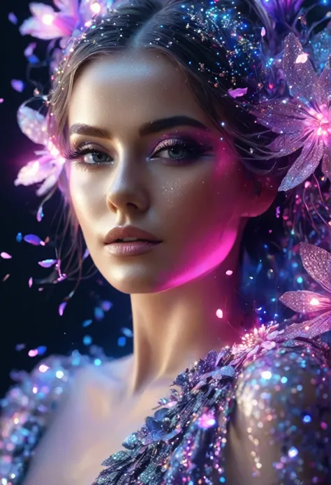 The beautiful detailed portrait with glitter woman created from the flowers.glowing flowers ..The beautiful woman .magic hair .u...