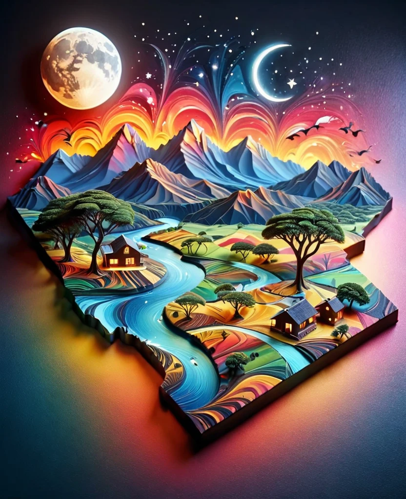 Paper cut art (((masterpiece))),best quality, illustration, African map, within African map we see a night sky, cloud, banana plantation, rivers, mountains, lions, giraffes, cows, no humans, night, birds, moon, building, night sky, scenery, starry sky, grass, house, trees, waterfall, birds in the sky, African map, vibrant color scheme, Soft light,(warm color:1.2),Water color painting, light background, best quality exquisite details,3d rendering,Octane render, pastel, paper_cut of African map.