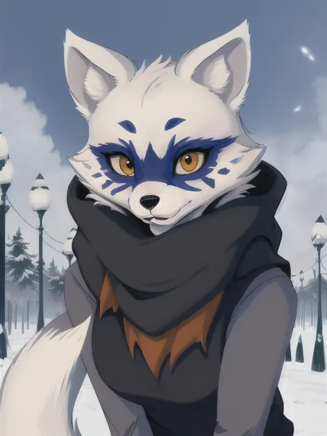 alopex, arctic fox, furry, blue mark, tmnt, smile  orange eyes, girl1, solo, park, cit, brown scarf, black shirt, black short, b...