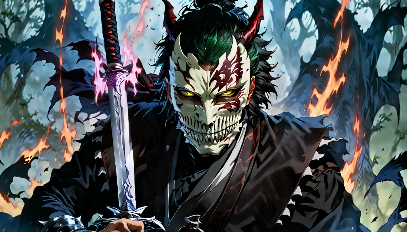 demon mask, sword on the hand,close up, black heavy detailed clothes, hand katana, art, dark and malevolent, hand sword, armor, powerful and intimidating, (masterpiece, best quality, ultra-detailed, best shadow), (detailed background, dark fantasy) dramatic light, intricate details, dark and malevolent, powerful and intimidating, Dark and foreboding, malevolent force, sinister and chilling, armor, high detailed background, girl in demon slayer art, demon slayer art style, epic anime art, God death