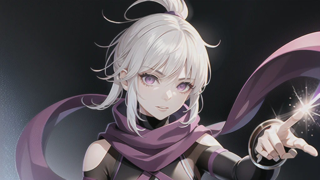 upper body, 1 girl, white hair, ponytail, purple eyes, (Ninja), dagger, Moderate breath ,scarf, Wallpaper, magic circle background, light particles, blue light,