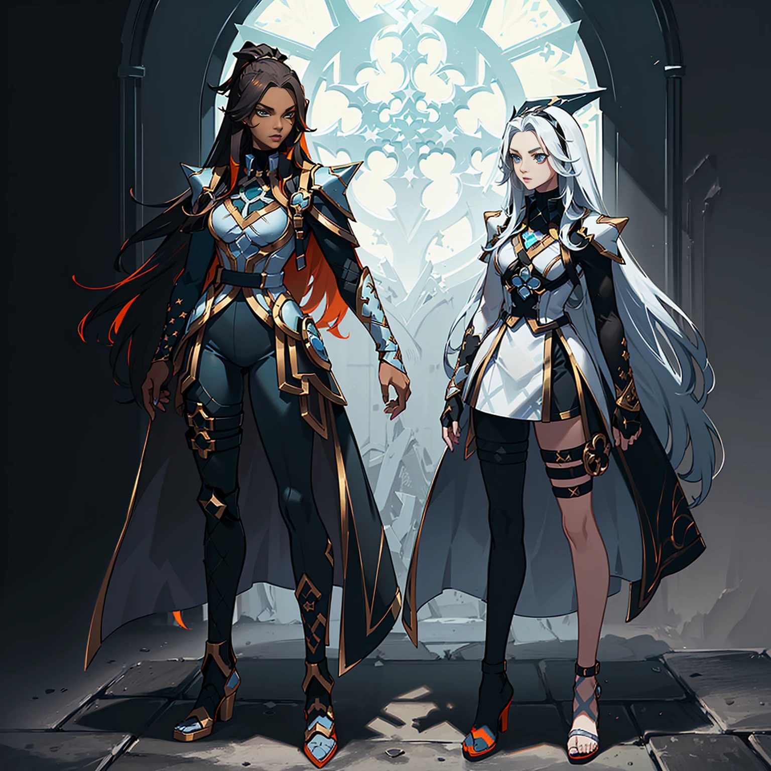 ((full body photo, standing, on the ground)) (((conceptual artwork))), (((one caracter))), female, (((darkskin)))), Black hair with ponytail, clear blue eyes, Round glasses with slightly dark lenses, this lens being orange, and the Light Blue frame, ((Black metallic gauntlets and greaves with orange and silver highlights)), (((The clothes have a mix of modern and tribal))), (((The clothes have a mix of modern and tribal))),  mainly black in color, but having Orange Parts, Shoulders exposed, On the Hip, a Short that extends to Half the Thigh in black.(((one caracter))), female, (((darkskin)))), Black hair with ponytail, clear blue eyes, Óculos redondos com uma pequena lente escura this lens being orange, and the Light Blue frame, (((Black metallic gauntlets and greaves with orange and silver highlights)), (((The clothes have a mix of modern and tribal)))), Having mainly black color, but having orange pieces, Shoulders on display, On the Hip one Shorts extending to Half Thigh in black.
