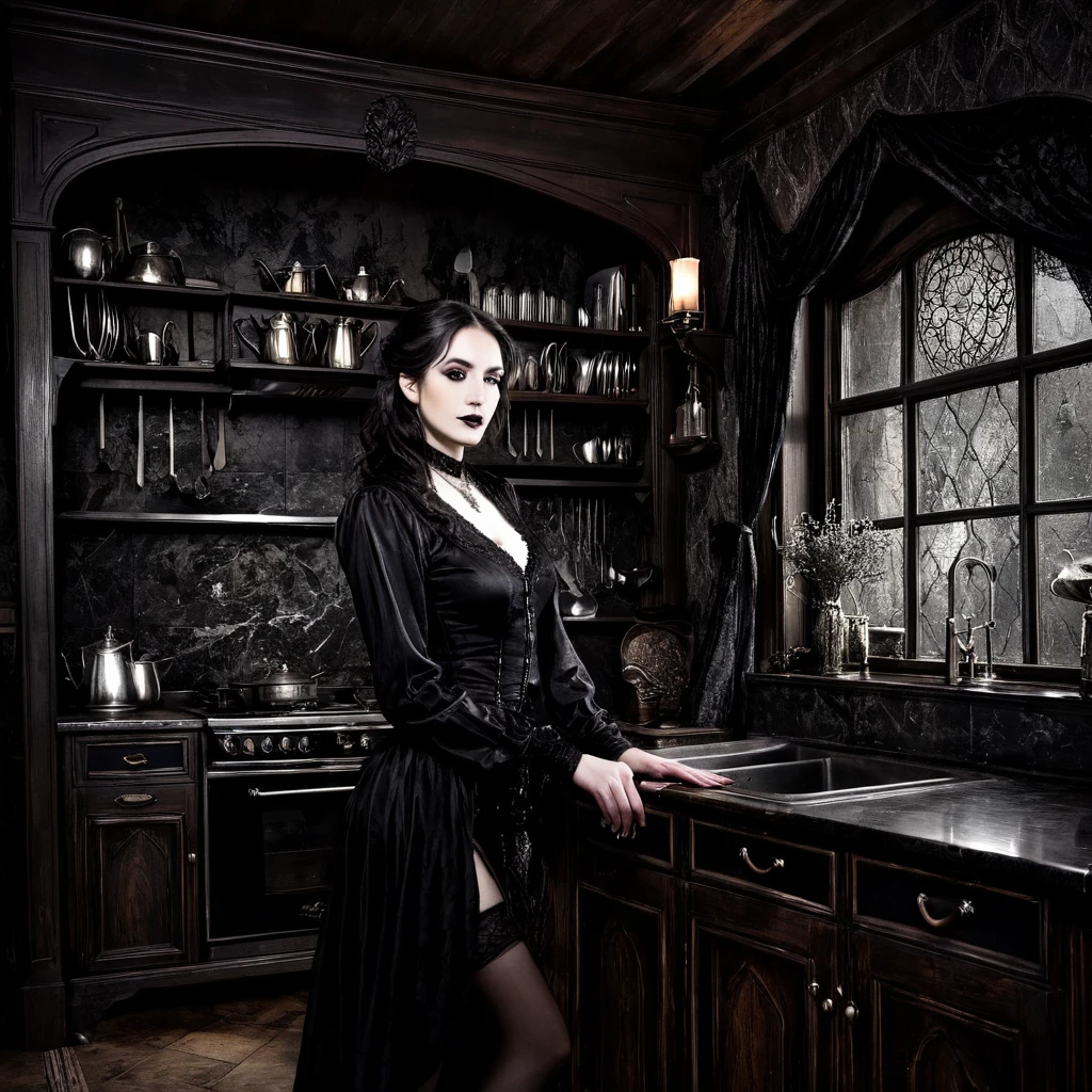 A gothic fantasy-themed black-and-white drawing of a woman in a vintage kitchen, with dark, magical elements and a moody, atmospheric setting.