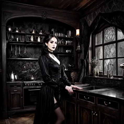 A gothic fantasy-themed black-and-white drawing of a woman in a vintage kitchen, with dark, magical elements and a moody, atmosp...