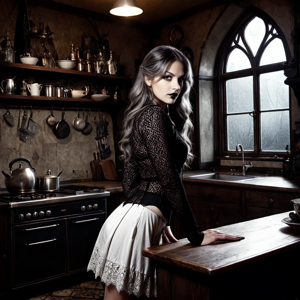 A gothic fantasy-themed black-and-white drawing of a woman in a vintage kitchen, with dark, magical elements and a moody, atmospheric setting.