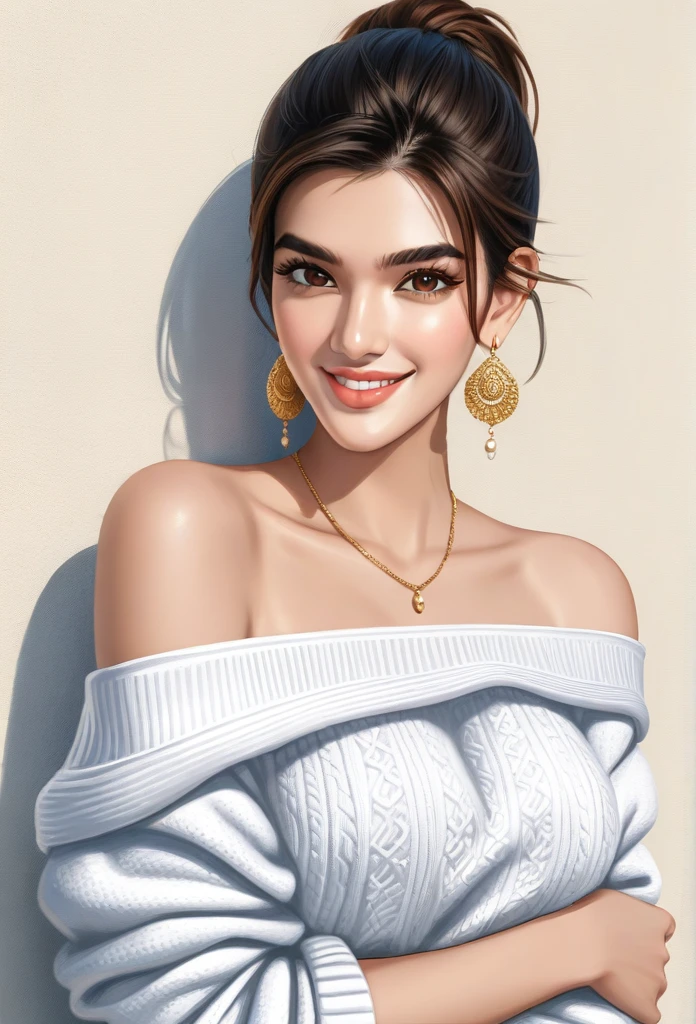  a woman, Kriti Sanon, outdoors, realistic skin texture, smiling,   post-processing, Maximum texture, masterpiece, ultra-detailed, photorealistic, realistic, real picture, hyperrealism, Sharp focus, insane details, intricate details,  full sharp, detailed face, realistic eyes,simple white stucco background  ,big hoop  earrings, makeup,white skin,sharp jawline ,big earrings, oversized earrings,off shoulder sweater,big breasts,full body