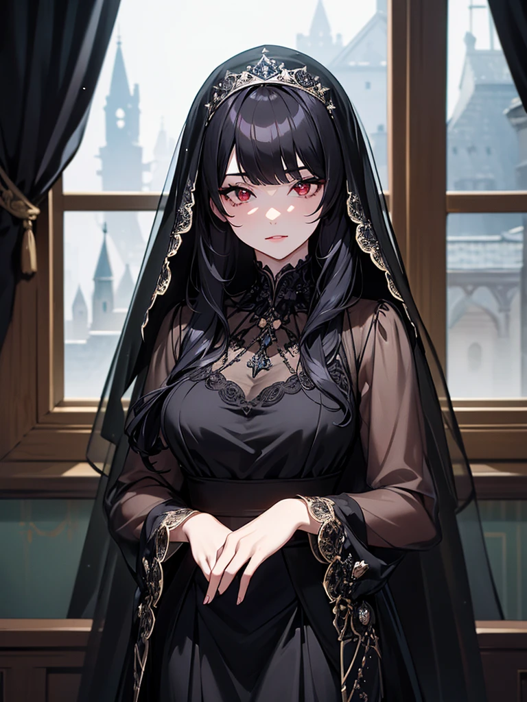 (Super detailed:1.3), ((((best quality)))), ((masterpiece)), female focus, solo,hotify, stunning beauty, powerful glow, detailed face, detailed eyes, detailed lips,castle interior background,(nighttime),moonlight,((black hair)),long hair, black mourning dress,((mourning veil)),red eyes, (pale skin:1.2),melancholic expression,straight bangs,bangs covering forehead,almond-shaped eyes,very cute face,cowboy shot, (hair over left eye)