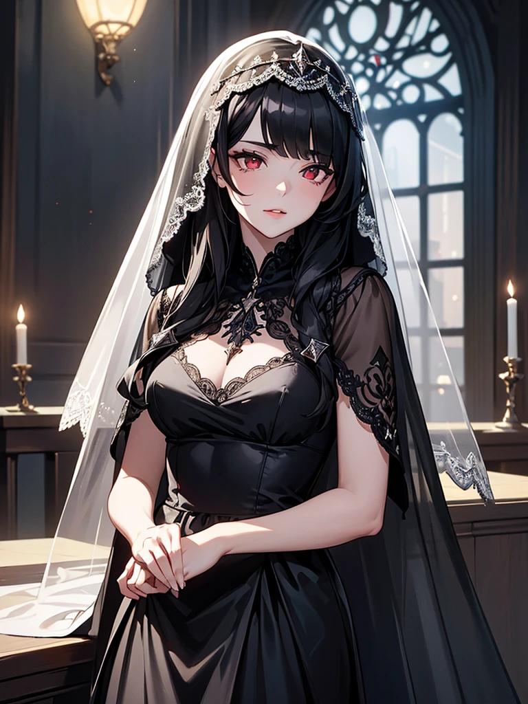 (Super detailed:1.3), ((((best quality)))), ((masterpiece)), female focus, solo,hotify, stunning beauty, powerful glow, detailed face, detailed eyes, detailed lips,castle interior background,(nighttime),moonlight,((black hair)),long hair, black mourning dress,((mourning veil)),red eyes, (pale skin:1.2),melancholic expression,straight bangs,bangs covering forehead,almond-shaped eyes,very cute face,cowboy shot, (hair over left eye)