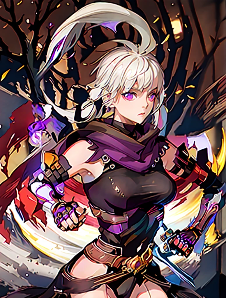 full body, beautiful body, 1 girl, white hair, ponytail, purple eyes, (Ninja), dagger, Moderate breath ,scarf, Combat stance, Wallpaper, magic circle background, wide backdrop, Magical light, light particles, blue light, beautiful city backdrop, tree, Beautiful environment