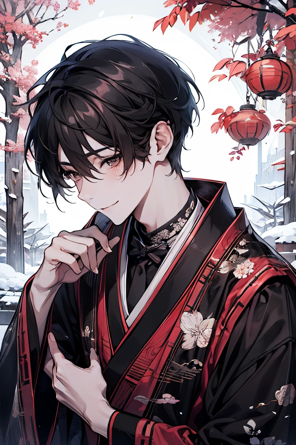 A handsome young man celebrates the New Year in a traditional Japanese setting. The moment just before he picks up a black cat and kisses it. A quiet garden covered with snow. The garden has a small pine tree and a stone lantern covered with snow, softly illuminated by the early morning light of the New Year. His features are smooth black hair, styled in a classic style, and deep brown eyes that reflect the hopeful beginning,blush,Smile