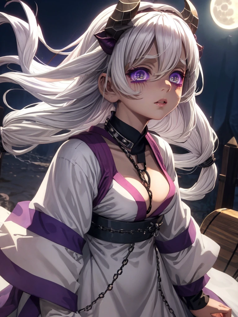 Niña pequeña, White hair,  Violets eyes, slave collar, chains on his neck and arms, demons, (Large round breasts: 0.6),  (Moon demon eyes: 1.18) (kimono: 0.9), (Wide hips: 0.75), (girl face: 0.6), (pale skin: 0.8).