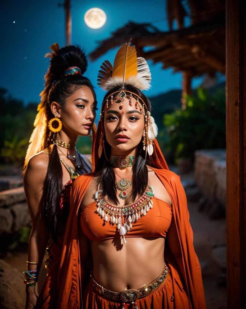美麗的切羅基印第安女人，戴著美麗的赤土色頭飾, 黑色, 金的, 铜, 珍珠, 白色和米色, 由各種顏色的明亮霓虹燈製成的羽毛, 相機上的耀斑, 散景, 滿月之夜
