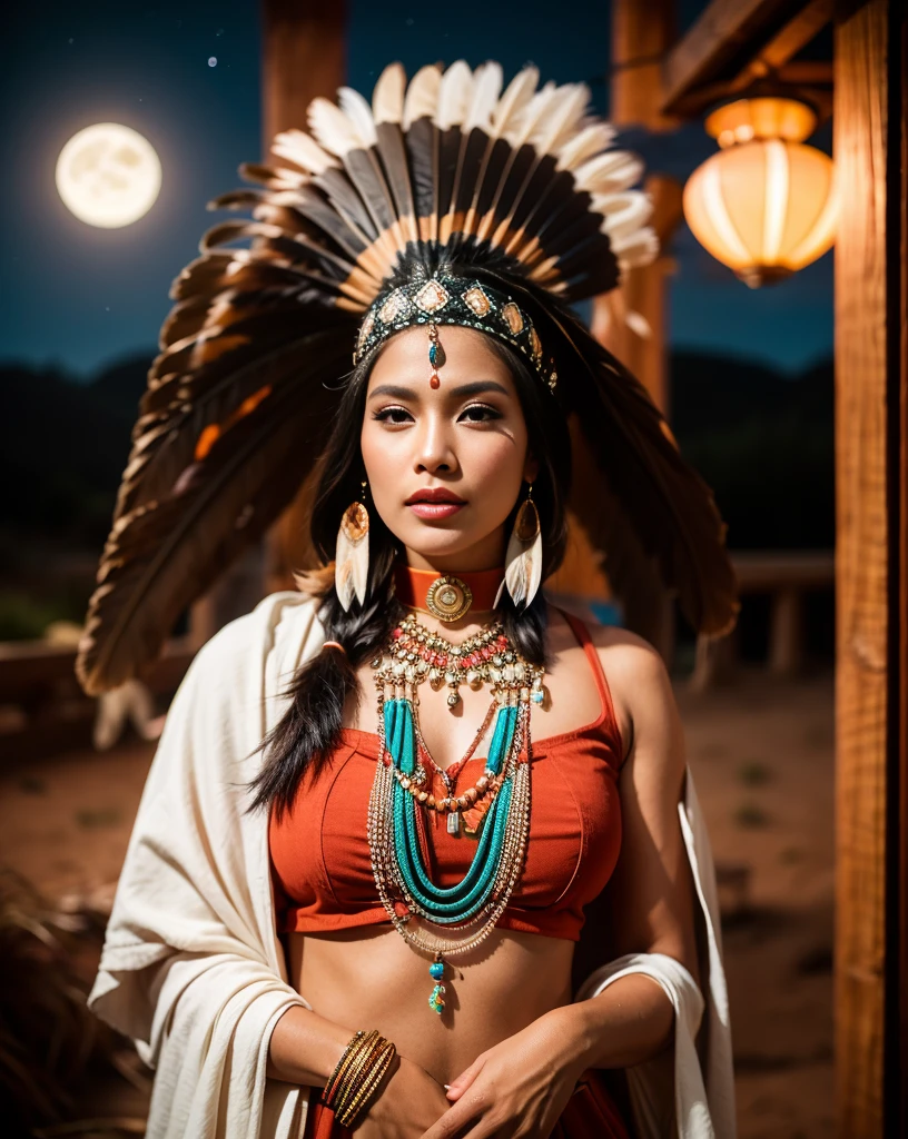 Beautiful Cherokee Indian woman with beautiful terracotta colored headdresses, blackw, doradas, cobre, Pearl, white and beige, feathers made of bright neon of various colors, flares on camera, bokeh, full moon night
