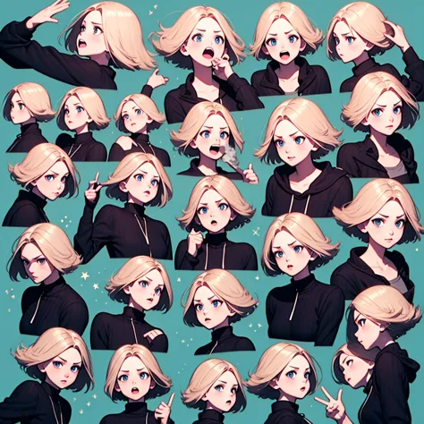 Has short blonde hair，blue eyes，Facial Expressions，9 emojis，Emoticon table，Alignment，Multiple poses and expressions（Grief，surpri...