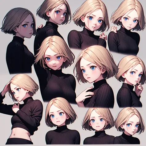 Has short blonde hair，blue eyes，Facial Expressions，9 emojis，Emoticon table，Alignment，Multiple poses and expressions（Grief，surpri...