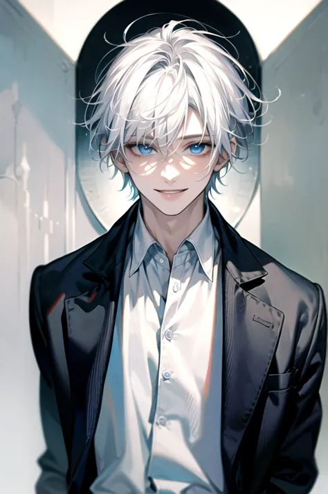 ((Masterpiece)), Best Quality, Ultra Detailed, Floating, High Resolution, (1 boy), short hair, white hair, blue eyes, smile faci...