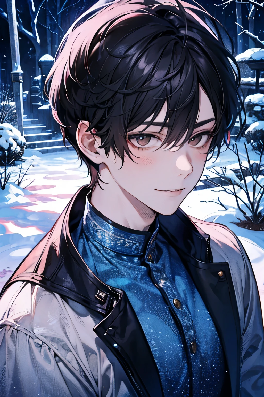 A handsome young man. The moment just before he picks up a kisses it. A quiet garden covered with snow. The garden has a small pine tree and a stone lantern covered with snow, softly illuminated by the early morning light. His features are smooth black hair, styled in a denim and T-shirt style, and deep brown eyes that reflect the hopeful beginning,blush,Smile