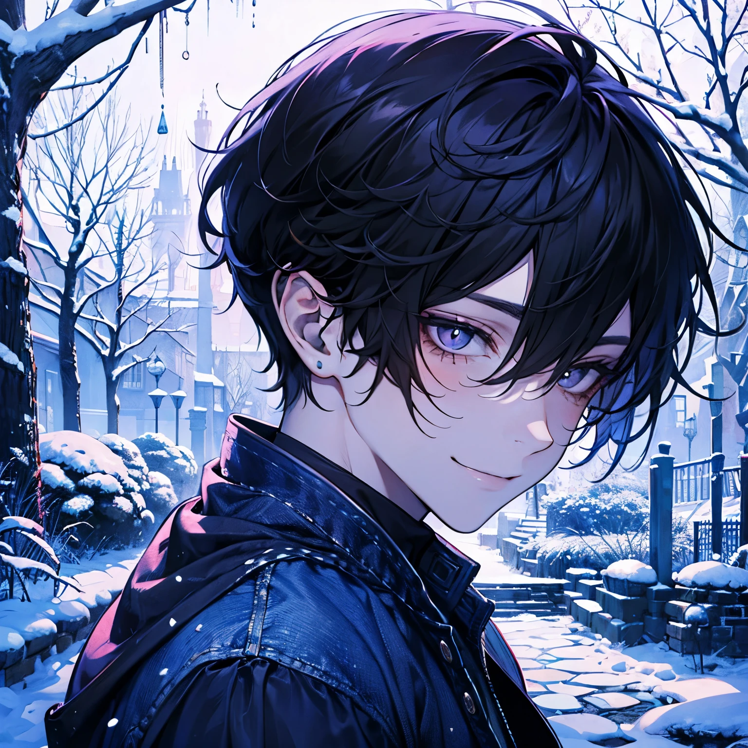 A handsome young man. The moment just before he picks up a kisses it. A quiet garden covered with snow. The garden has a small pine tree and a stone lantern covered with snow, softly illuminated by the early morning light. His features are smooth black hair, styled in a denim and T-shirt style, and deep purple eyes that reflect the hopeful beginning,blush,Smile