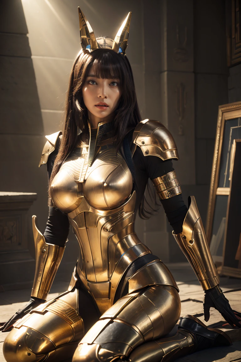 ((Highest quality、8k、masterpiece:1.3))、Realistic, Sharp focus, High resolution, High resolution, Portraiture, one person, woman, beautiful woman, sexly、Action pose、Ancient Egypt、Cyber Battlesuit、Complex technology, pyramid、Ancient Egypt City、Light and shadow、Laser light、Copper-colored hair