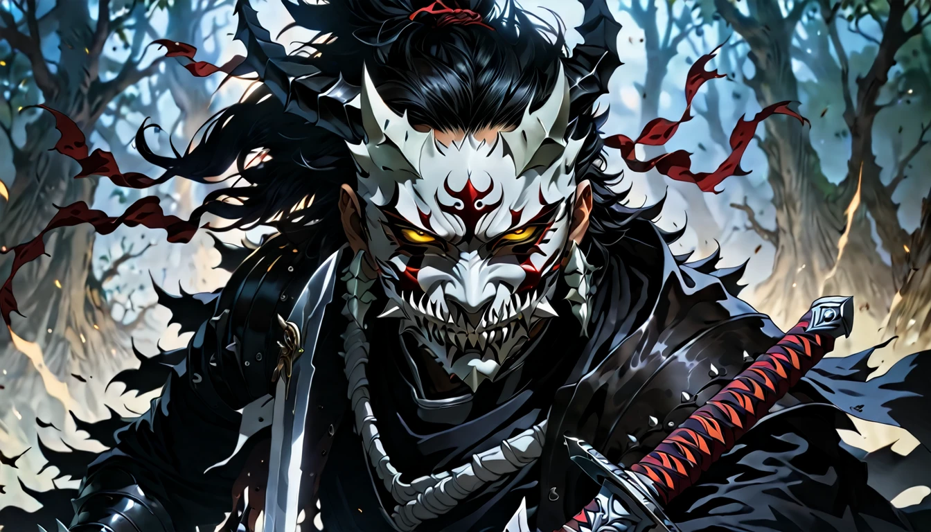 demon mask, sword on the hand,close up, black heavy detailed clothes, hand katana, art, dark and malevolent, hand sword, armor, powerful and intimidating, (masterpiece, best quality, ultra-detailed, best shadow), (detailed background, dark fantasy) dramatic light, intricate details, dark and malevolent, powerful and intimidating, Dark and foreboding, malevolent force, sinister and chilling, armor, high detailed background, girl in demon slayer art, demon slayer art style, epic anime art, God death