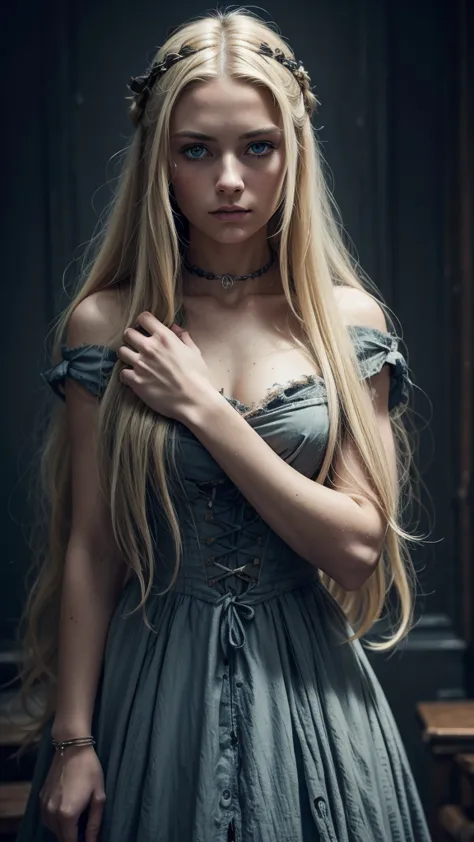 a beautiful woman with long blonde hair, blue eyes, and a detailed face, wearing a tattered and dirty 1840s era dress, chained w...