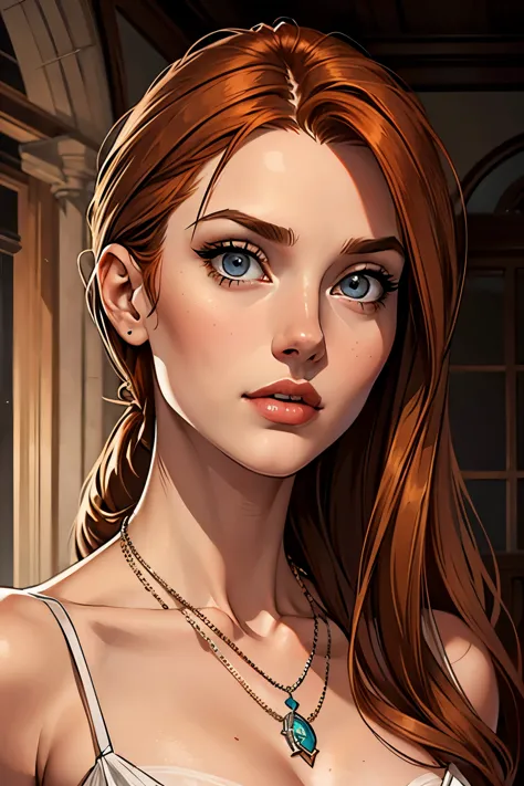 best qualityer, work of art, (realisitic: 1.2), 1 girl, slender girl, ginger hair, eyes browns, 3/4 view, face detailed, gorgeou...