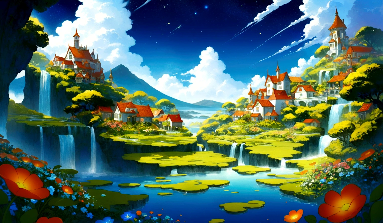 fantasy scenery, whimsical floating islands in the sky, with lush gardens, and fantastical architecture that defies gravity, vibrant flowers and miniature houses, creating a harmonious and dreamlike setting. The sky is filled with fluffy dramatic clouds and a mesmerizing galaxies that adds a magical touch to the scene. waterfalls pouring off the islands. Surrealism and whimsical fantasy,
Rendered in a detailed and vivid color style with soft ambient lighting. kawaii, pastel colors, orange tones, night time, sharp lines, clear, best quality, 