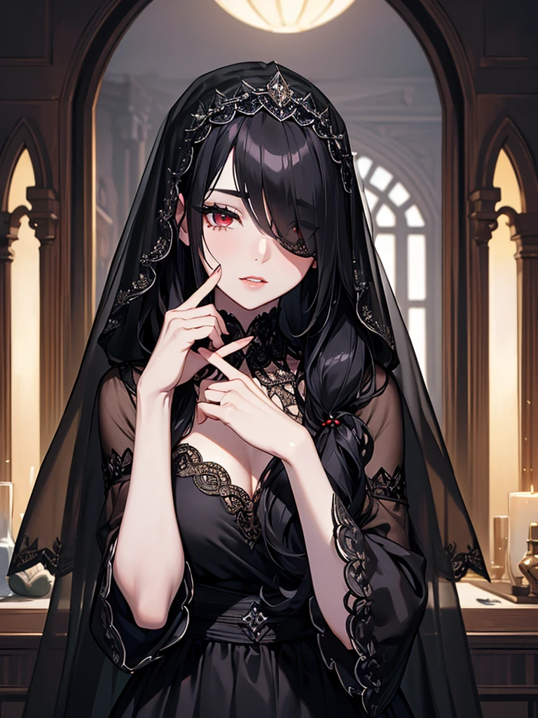 (Super detailed:1.3), ((((best quality)))), ((masterpiece)), female focus, solo,hotify, stunning beauty, powerful glow, detailed face, detailed eyes, detailed lips,castle interior background,(nighttime),moonlight,((black hair)),long hair, black mourning dress,((mourning veil)),red eyes, (pale skin:1.2),melancholic expression,straight bangs,bangs covering forehead,almond-shaped eyes,very cute face,cowboy shot, (hair over one eye)