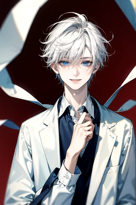 ((Masterpiece)), Best Quality, Ultra Detailed, Floating, High Resolution, (1 boy), short hair, white hair, blue eyes, smile faci...