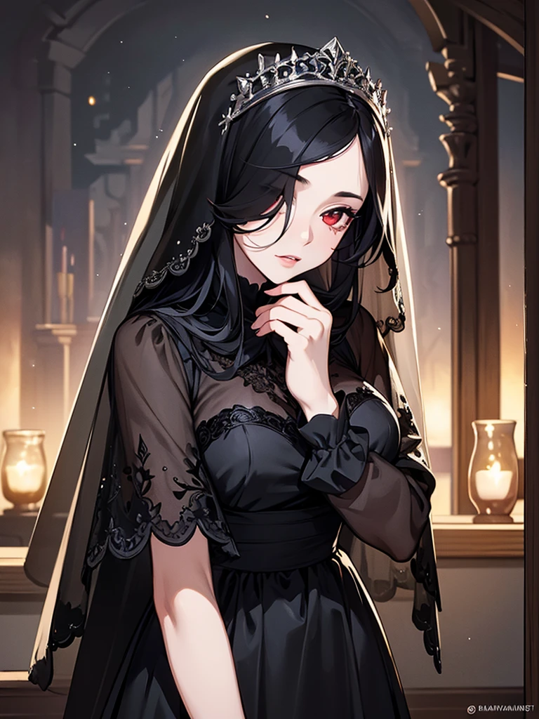 (Super detailed:1.3), ((((best quality)))), ((masterpiece)), female focus, solo,hotify, stunning beauty, powerful glow, detailed face, detailed eyes, detailed lips,castle interior background,(nighttime),moonlight,((black hair)),long hair, black mourning dress,((mourning veil)),red eyes, (pale skin:1.2),melancholic expression,straight bangs,bangs covering forehead,almond-shaped eyes,very cute face,cowboy shot, (hair over one eye)