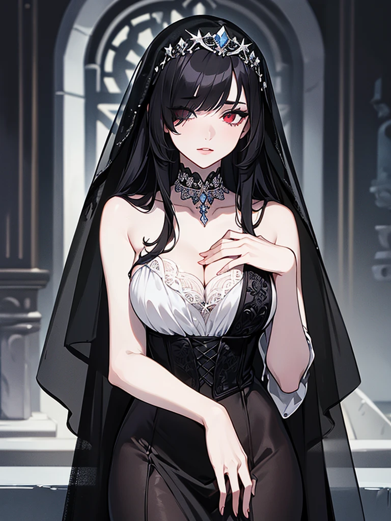 (Super detailed:1.3), ((((best quality)))), ((masterpiece)), female focus, solo,hotify, stunning beauty, powerful glow, detailed face, detailed eyes, detailed lips,castle interior background,(nighttime),moonlight,((black hair)),long hair, black mourning dress,((mourning veil)),red eyes, (pale skin:1.2),melancholic expression,straight bangs,bangs covering forehead,almond-shaped eyes,very cute face,cowboy shot, (hair over one eye)