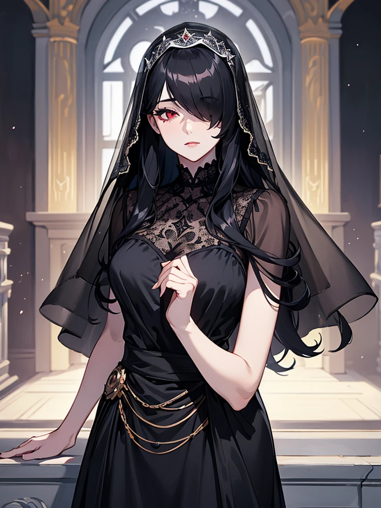 (Super detailed:1.3), ((((best quality)))), ((masterpiece)), female focus, solo,hotify, stunning beauty, powerful glow, detailed face, detailed eyes, detailed lips,castle interior background,(nighttime),moonlight,((black hair)),long hair, black mourning dress,((mourning veil)),red eyes, (pale skin:1.2),melancholic expression,straight bangs,bangs covering forehead,almond-shaped eyes,very cute face,cowboy shot, (hair over one eye)