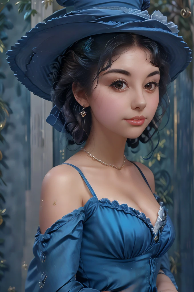 a close up of a woman in a blue dress and hat, inspired by Sophie Pemberton, a beautiful victorian woman, victorian style costume, inspired by Mollie Forestier-Walker, wearing 10s era clothes, pretty face!!, beautiful female dorothy gale, inspired by Amelia Robertson Hill, in victorian aristocrat, emylie boivin