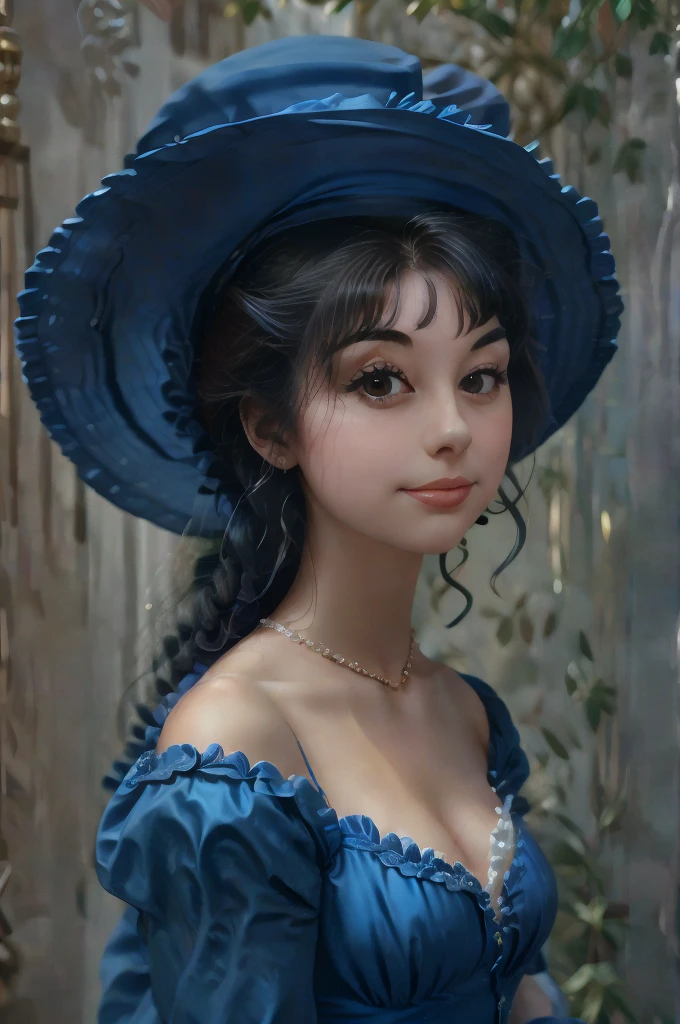 a close up of a woman in a blue dress and hat, inspired by Sophie Pemberton, a beautiful victorian woman, victorian style costume, inspired by Mollie Forestier-Walker, wearing 10s era clothes, pretty face!!, beautiful female dorothy gale, inspired by Amelia Robertson Hill, in victorian aristocrat, emylie boivin