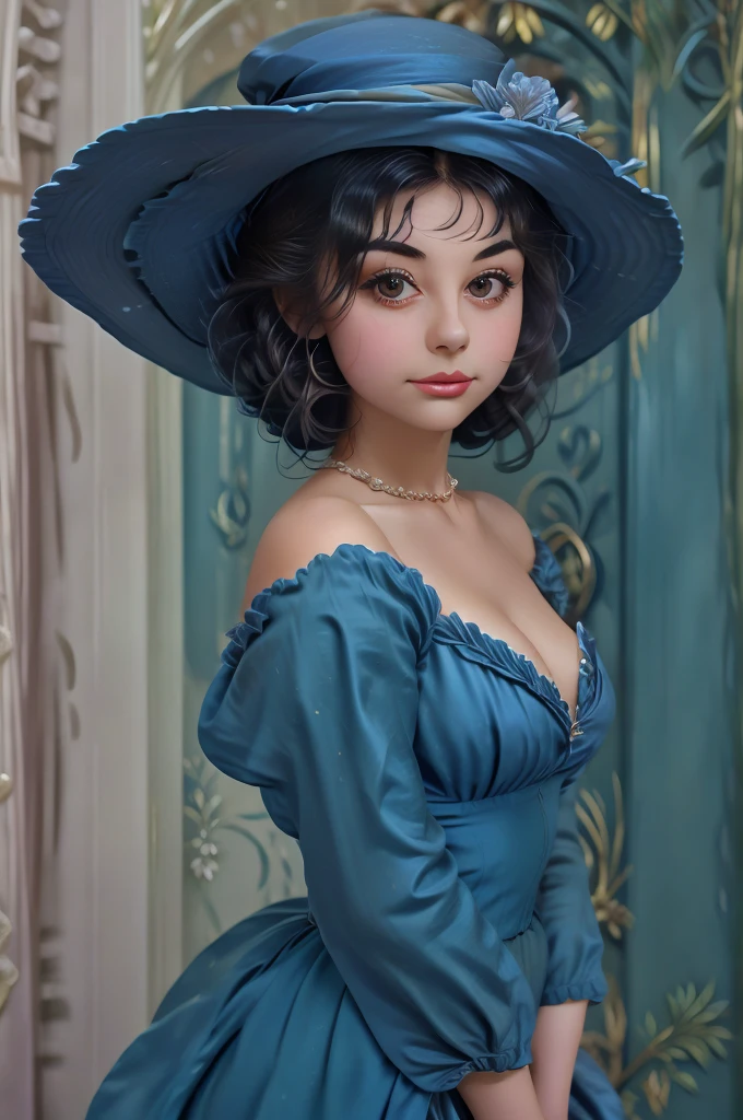 a close up of a woman in a blue dress and hat, a character portrait inspired by Sophie Pemberton, flickr, art nouveau, a beautiful victorian woman, victorian style costume, wearing 10s era clothes, pretty face!!, beautiful female dorothy gale, in victorian aristocrat, emylie boivin, jenna coleman as the doctor, old timey