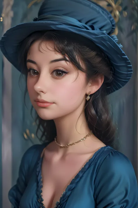a close up of a woman in a blue dress and hat, a character portrait inspired by Sophie Pemberton, flickr, art nouveau, a beautif...
