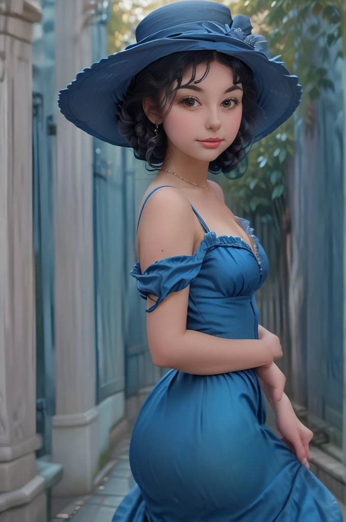 a close up of a woman in a blue dress and hat, inspired by Sophie Pemberton, a beautiful victorian woman, victorian style costume, inspired by Mollie Forestier-Walker, wearing 10s era clothes, pretty face!!, beautiful female dorothy gale, inspired by Amelia Robertson Hill, in victorian aristocrat, emylie boivin