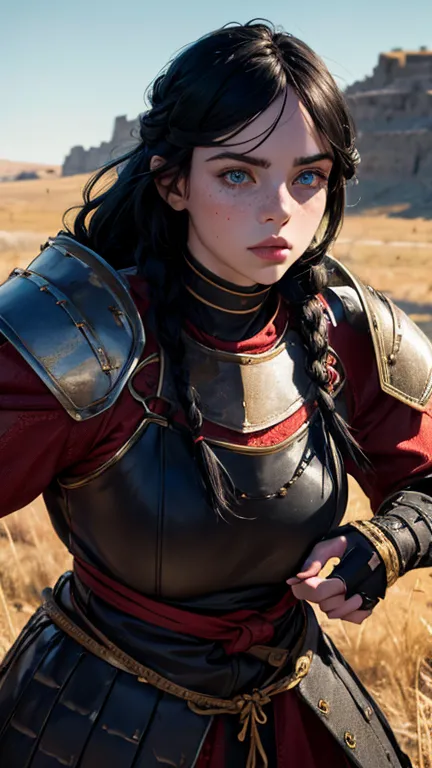 Medieval female warrior Billie Eilish face), beautiful face, heavy armor(black and red), athletic physique, big round breasts, e...