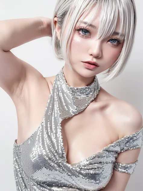 (((amount、white 、Asian woman、beautiful girl、、Silver Hair、white Background、)))、Tabletop, Highest quality, shape, Very detailed, f...