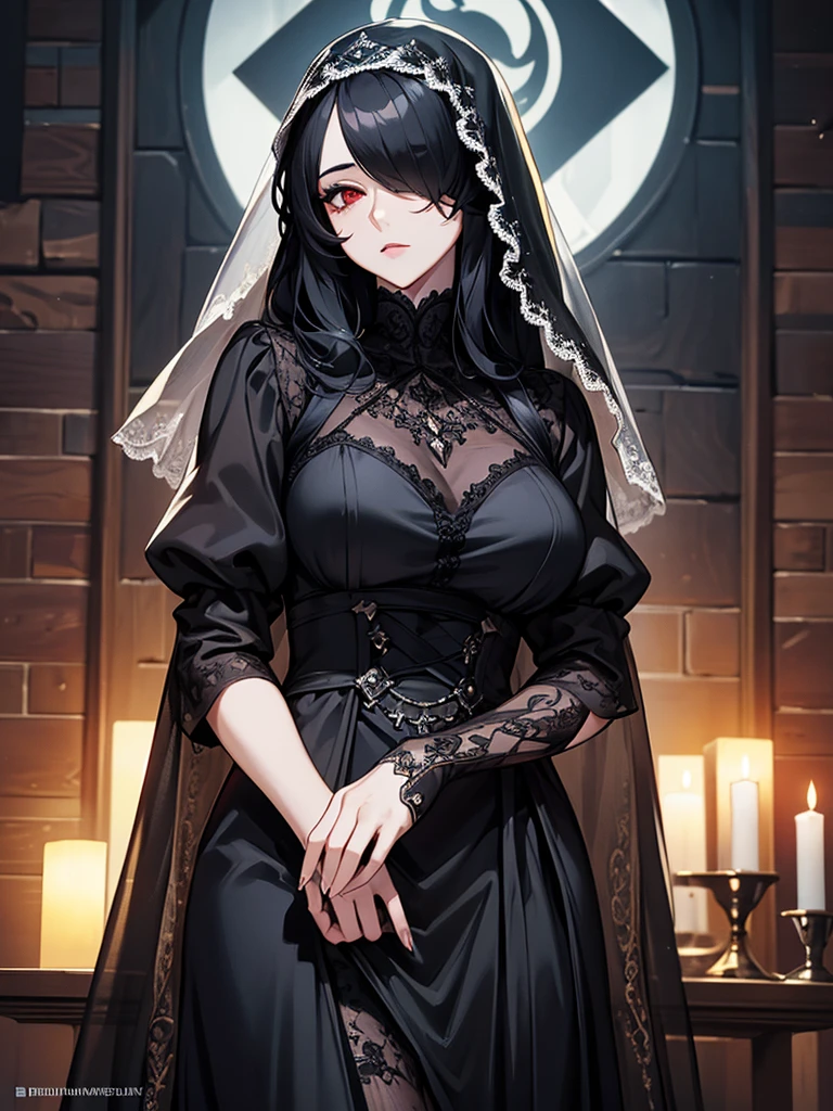 (Super detailed:1.3), ((((best quality)))), ((masterpiece)), female focus, solo,hotify, stunning beauty, powerful glow, detailed face, detailed eyes, detailed lips,castle interior background,(nighttime),moonlight,((black hair)),long hair, black mourning dress,((mourning veil)),red eyes, (pale skin:1.2),melancholic expression,straight bangs,bangs covering forehead,almond-shaped eyes,very cute face,cowboy shot, (hair over one eye),sheer sleeves