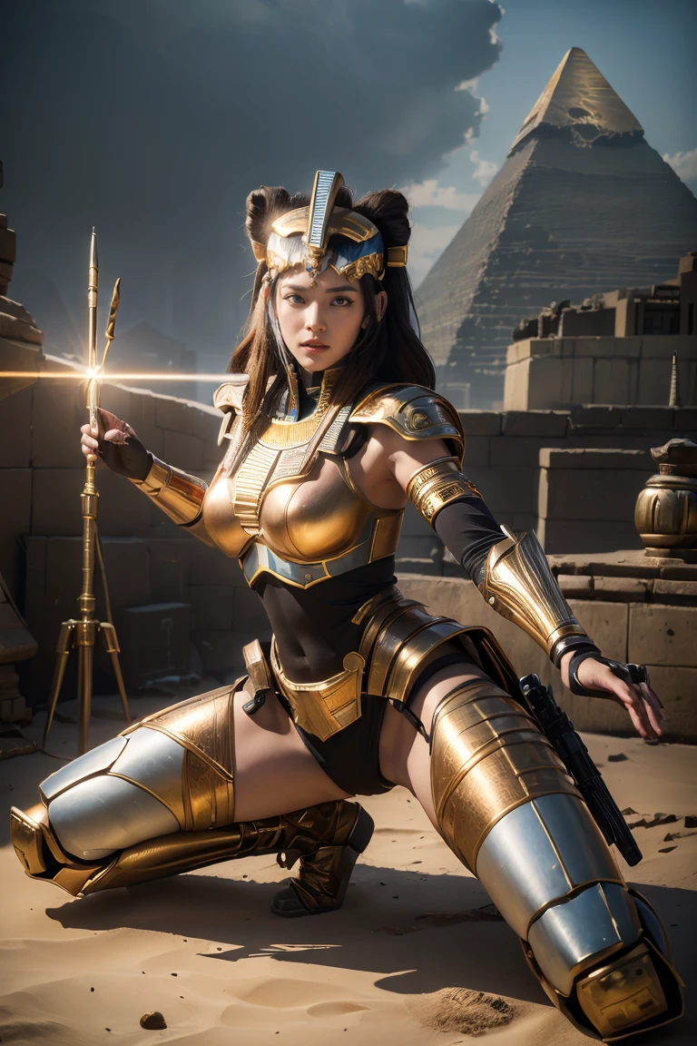 ((Highest quality、8K、masterpiece:1.3))、Realistic, Sharp focus, High resolution, High resolution, Portraiture, One person, woman, beautiful woman, (((Action pose)))、Ancient Egypt、Cyber Battlesuit、Complex technology, pyramid、Ancient Egypt都市、Light and shadow、Laser light、Copper-colored hair