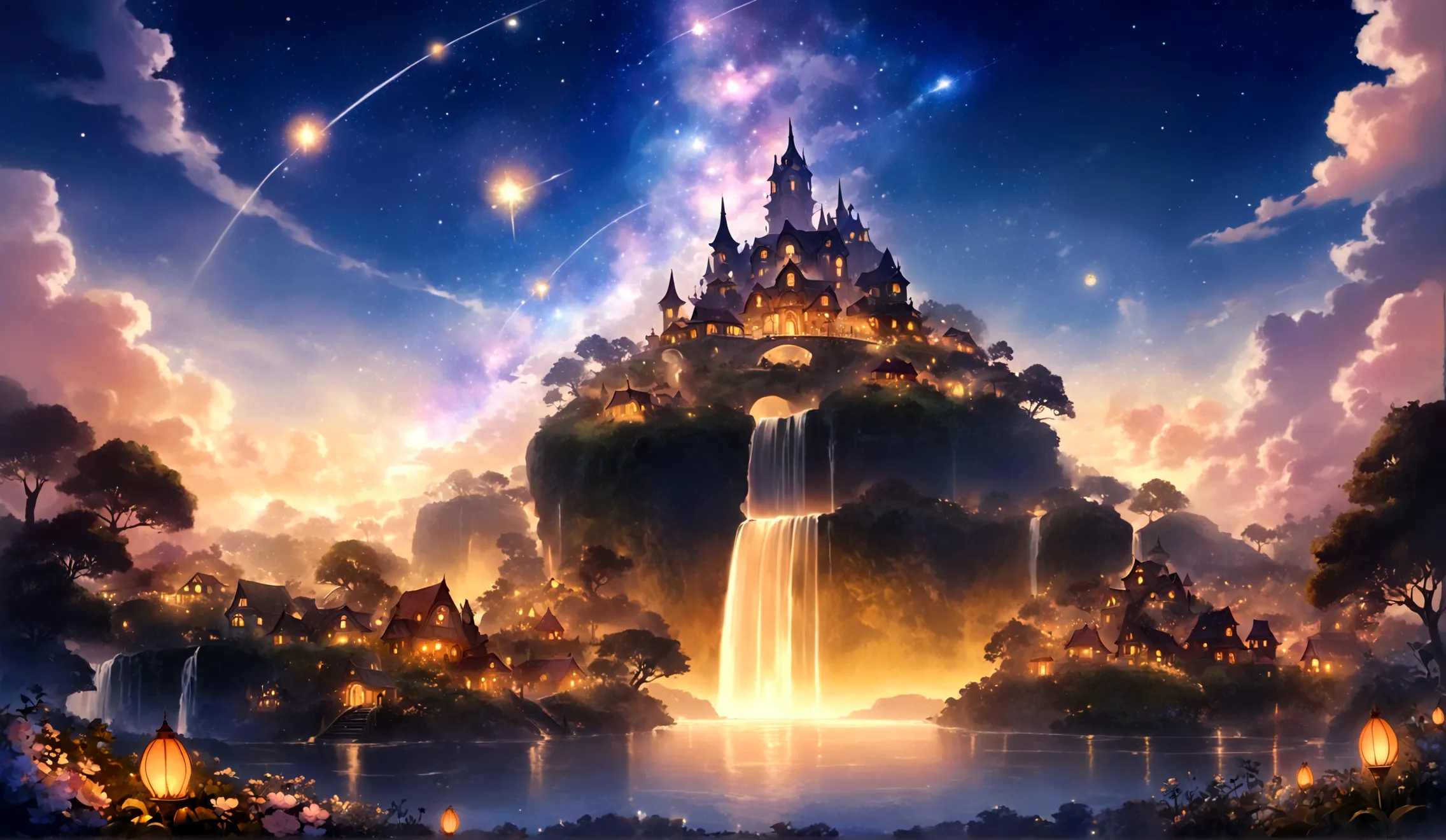 fantasy scenery, whimsical floating islands in the sky, with lush gardens, and fantastical architecture that defies gravity, flo...