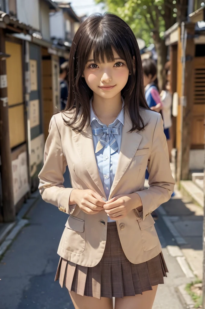 One Woman、((Standing wearing a blazer and miniskirt school uniform))、Primary school students,((small breasts)),Highest quality、Very delicate and beautiful、((Very short bangs))、((Bangs))、Shiny black hair、Highest quality、Very delicate and beautiful、((Very short bangs))、((blunt bangs))、((long hair))、Cute face、Young face、Cute like an idol、Are thin、Slim figure、slender、Short、 body type、((The background is a Japanese townscape))、Thighs、Photographed from the front、The best smile、