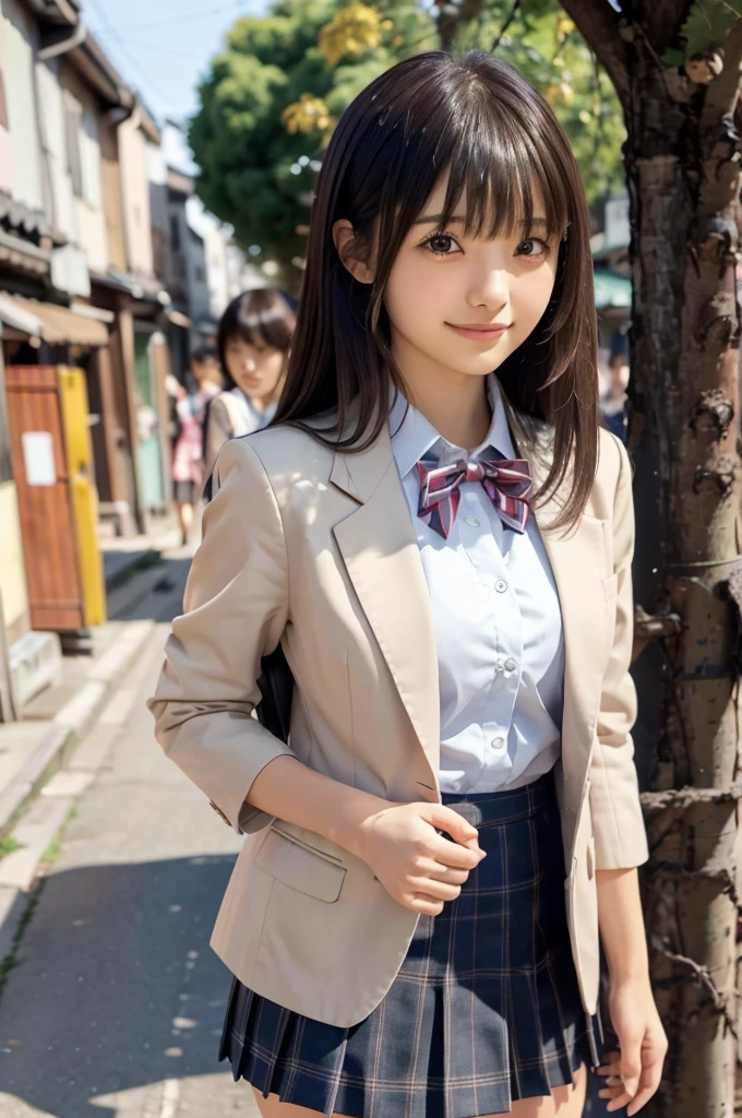 One Woman、((Standing wearing a blazer and miniskirt school uniform))、Primary school students,((small breasts)),Highest quality、Very delicate and beautiful、((Very short bangs))、((Bangs))、Shiny black hair、Highest quality、Very delicate and beautiful、((Very short bangs))、((blunt bangs))、((long hair))、Cute face、Young face、Cute like an idol、Are thin、Slim figure、slender、Short、 body type、((The background is a Japanese townscape))、Thighs、Photographed from the front、The best smile、