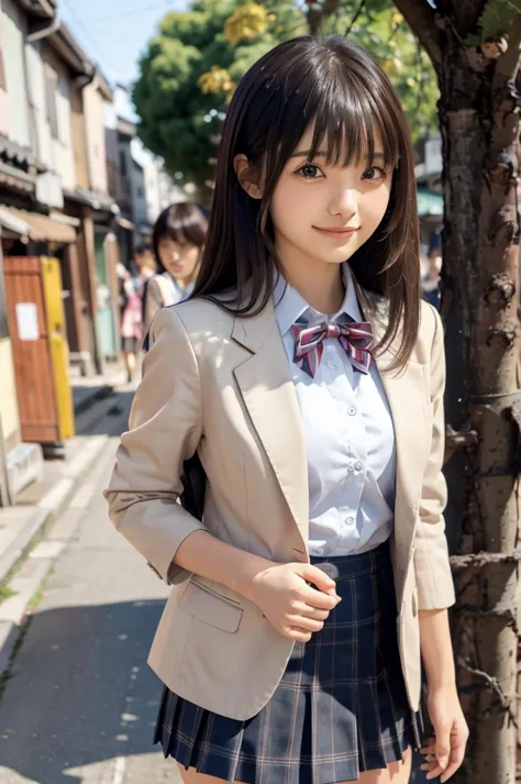 one woman、((standing wearing a blazer and miniskirt school uniform))、primary school students,((small breasts)),highest quality、v...