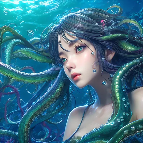 a detailed anime fantasy scene, three massive tentacles wrapped tightly around a helpless young woman, plunging downward into a ...