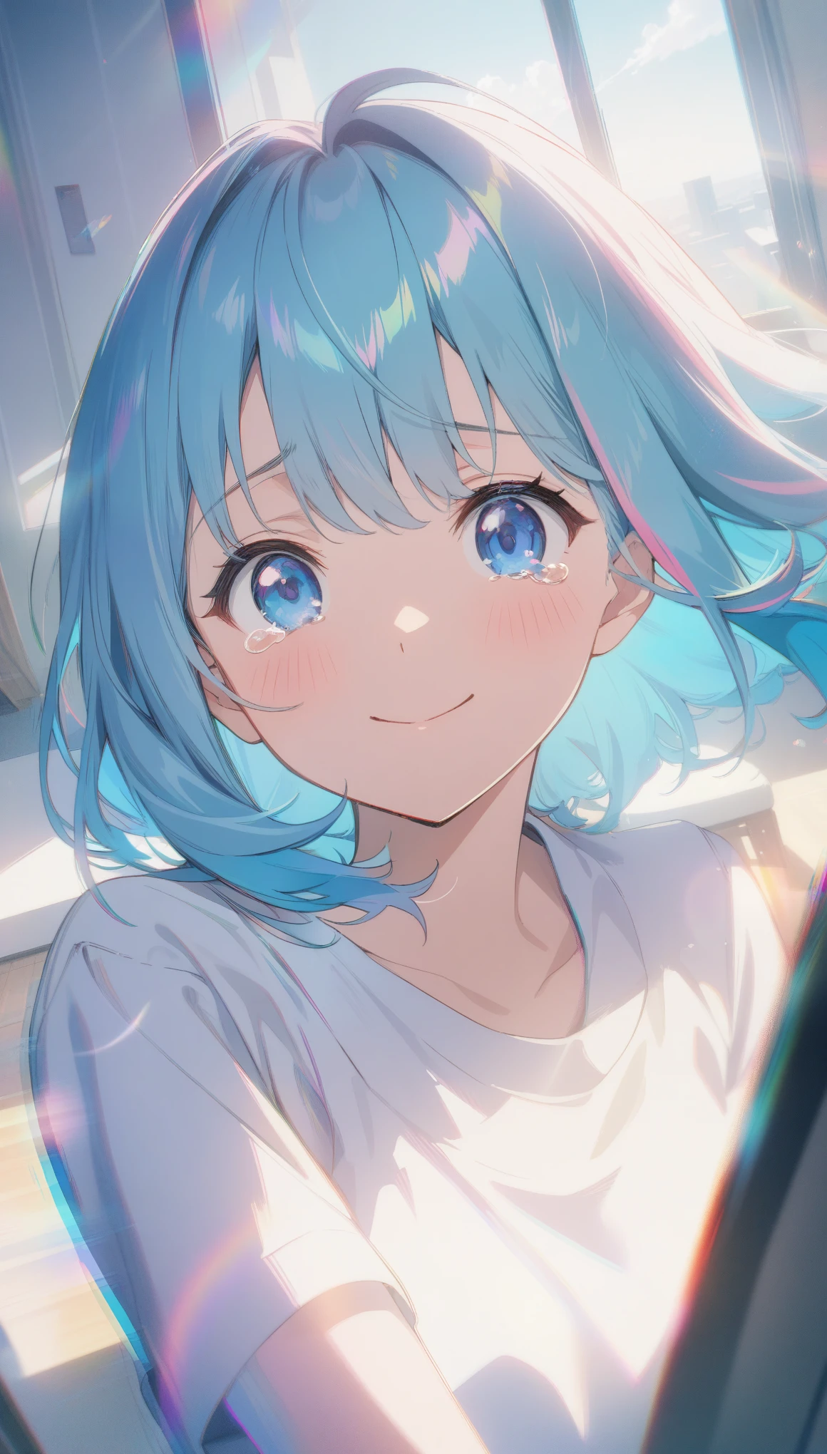 Best quality,masterpiece,1gril,hand,tears,pink and blue hair,smile,medium hair,room,film grain,glitch,lens_flare,colorful,chromatic aberration,super wide angle,dynamic pov,closed mouth,Intense emotional expression: death,amazing quality,absurdres,anime,very aesthetic,
Negative prompt: